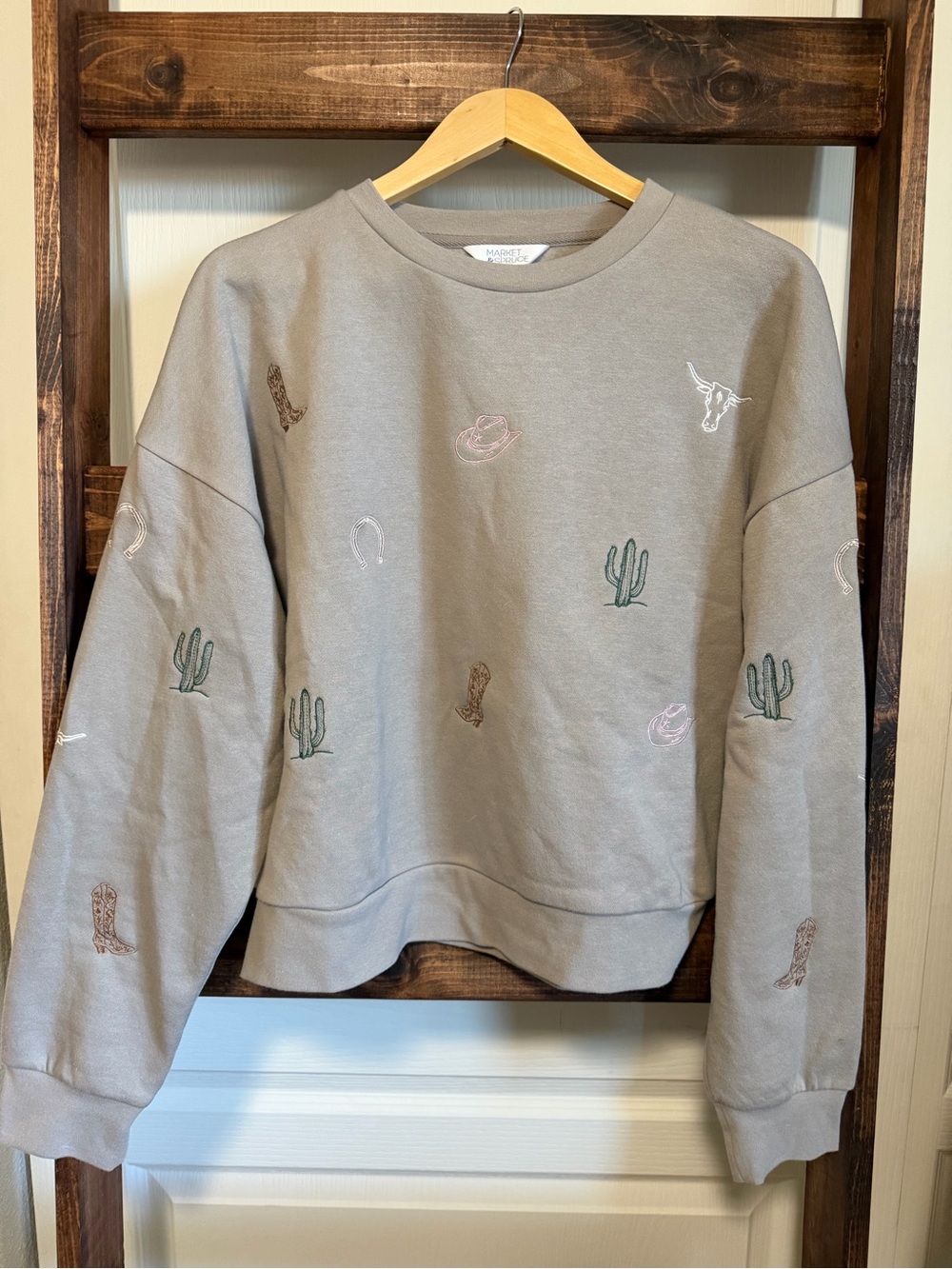 Market & Spruce Taupe Western Embroidered Sweatshirt